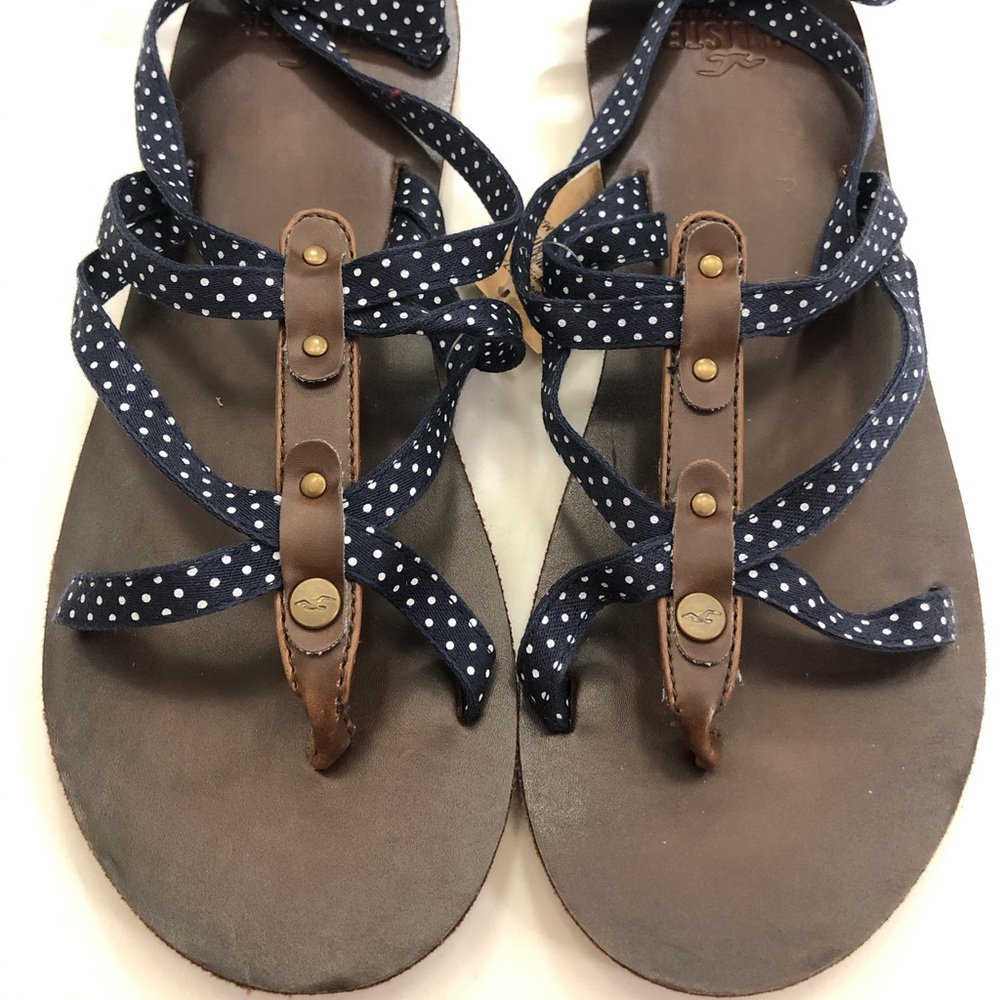NWT navy blue tie brown leather flip flops sandals